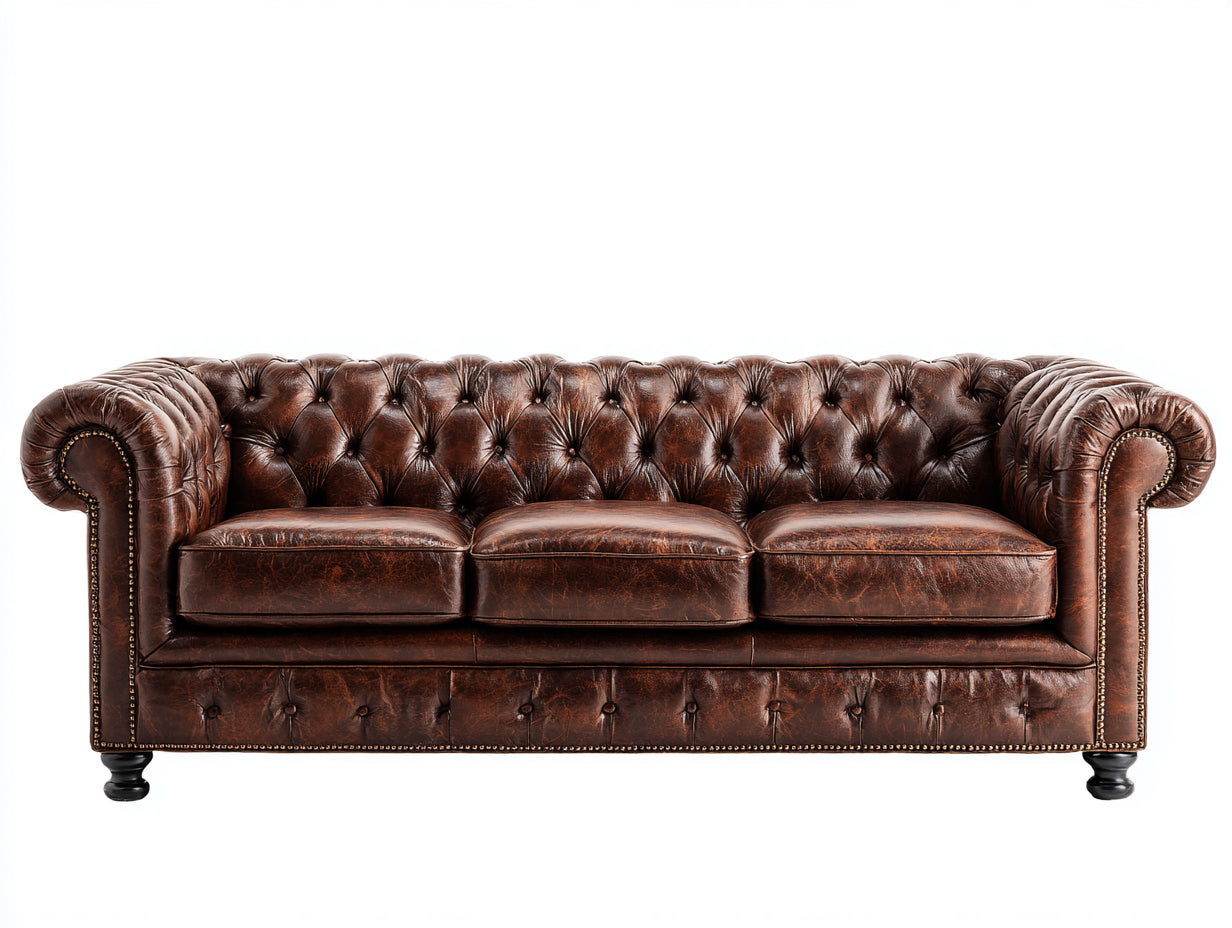 Canapé droit - Cuir synthétique-bois - 228x94x78 cm - Marron brun - Style Chesterfield