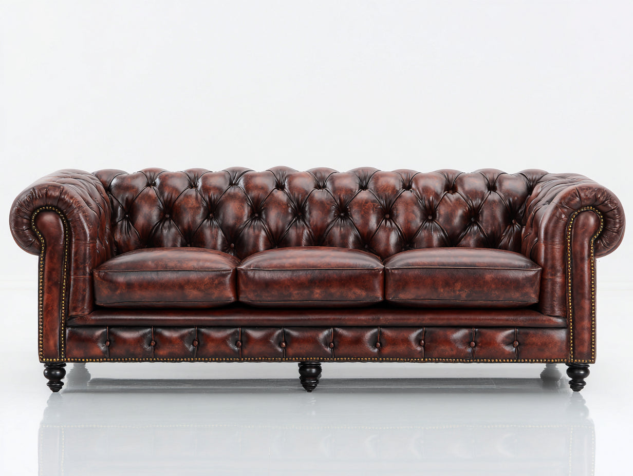 Canapé droit - Cuir synthétique-bois - 226x93x78 cm - Marron acajou - Style Chesterfield