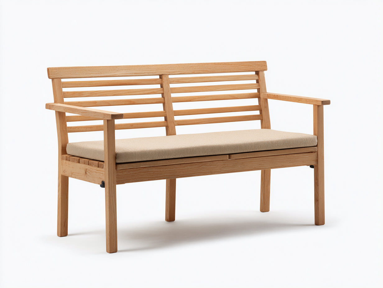 Banc de jardin - bois-textile - 138x59x83 cm - bois clair-beige - style moderne à assise coussinée