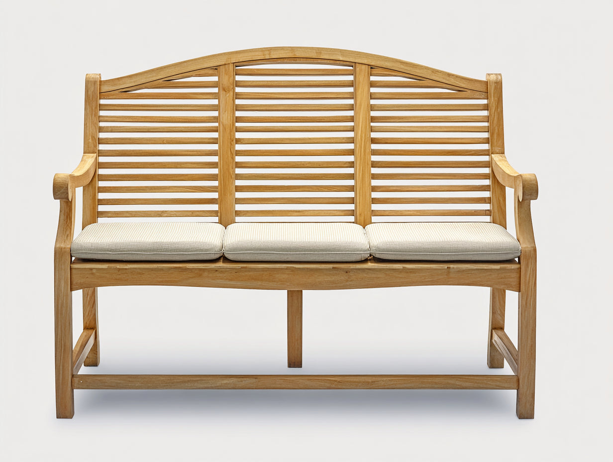 Banc de jardin - bois-textile - 164x61x89 cm - bois naturel-crème - style classique à dossier arqué