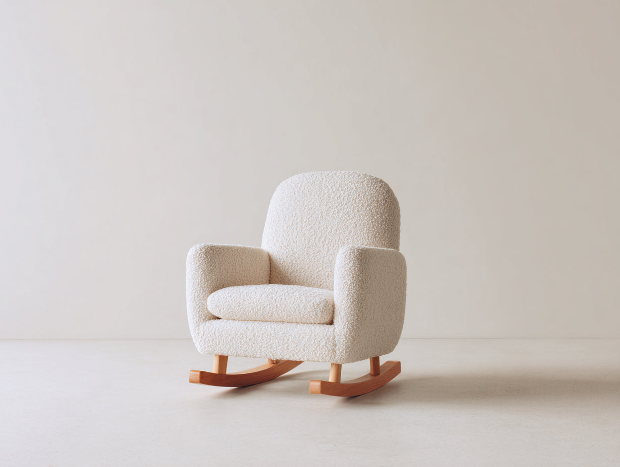 Fauteuil à bascule - tissu bouclé-bois - 76 x 86 x 87 cm - écru-bois naturel - minimaliste