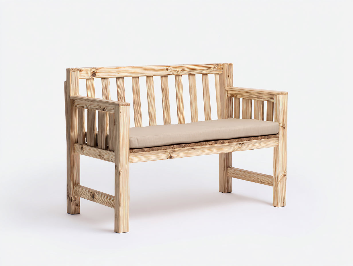 Banc de jardin - bois-textile - 142x60x84 cm - bois clair-beige - style naturel à dossier vertical