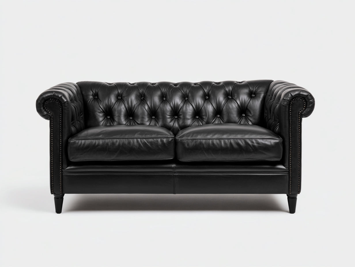 Canapé droit - Cuir synthétique - 176x82x78 cm - Noir - Style Chesterfield