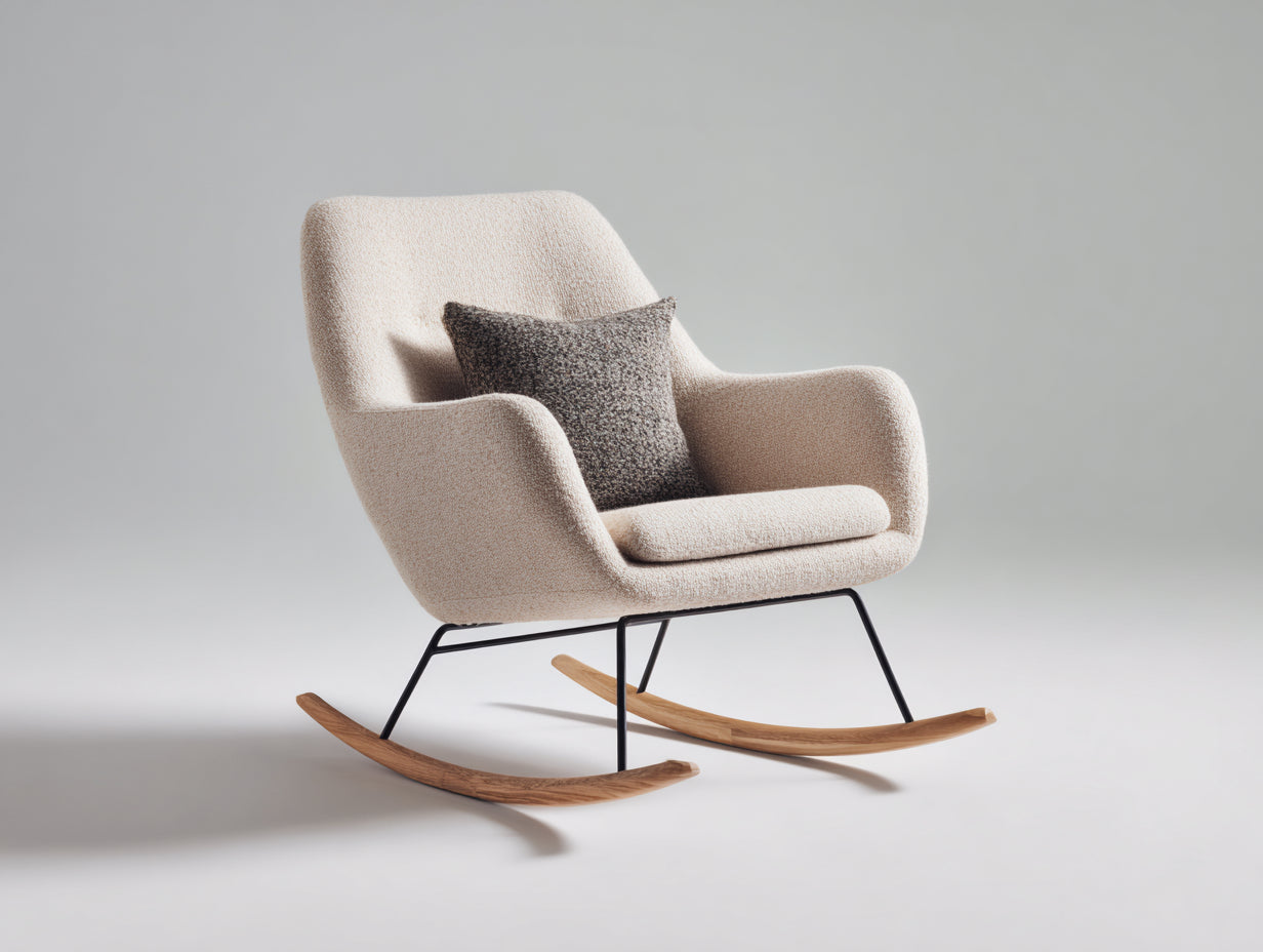 Fauteuil à bascule - tissu bouclé-métal-bois - 82 x 92 x 96 cm - beige-noir-bois naturel - moderne