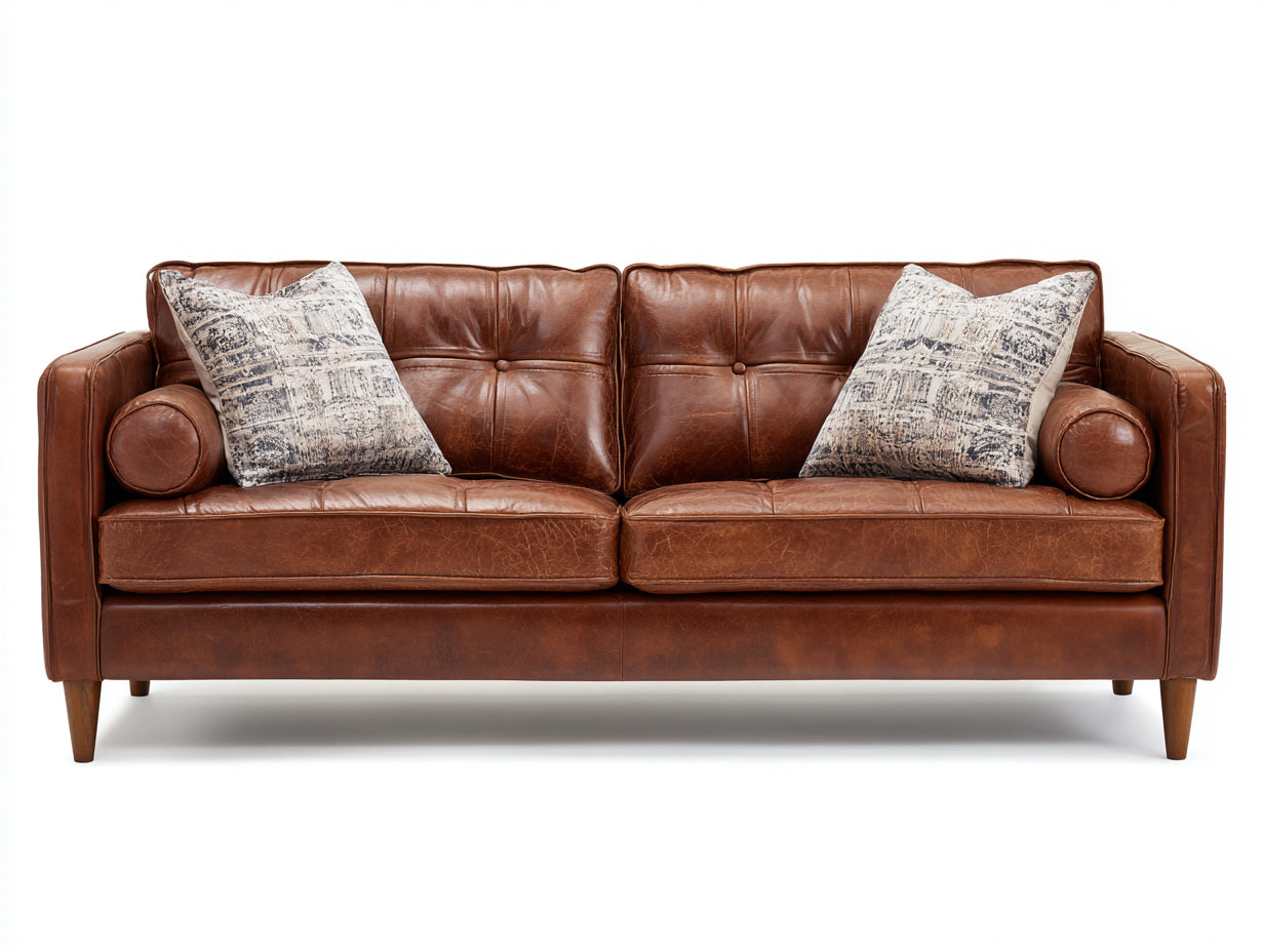 Canapé droit - Cuir synthétique-bois - 218x89x82 cm - Marron cognac - Style rétro moderne