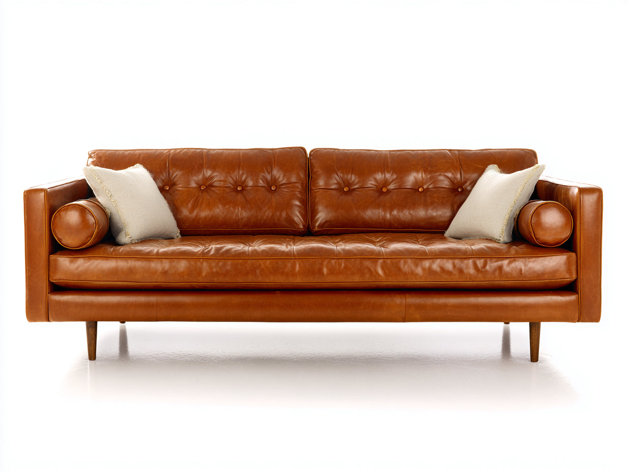 Canapé droit - Cuir synthétique-bois - 224x90x82 cm - Marron caramel - Style rétro moderne