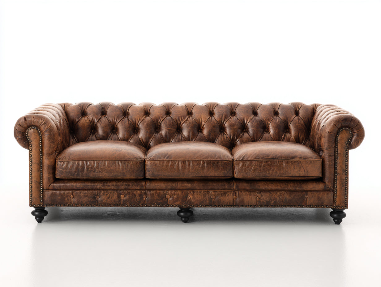Canapé droit - Cuir synthétique-bois - 230x95x79 cm - Marron noyer - Style Chesterfield classique