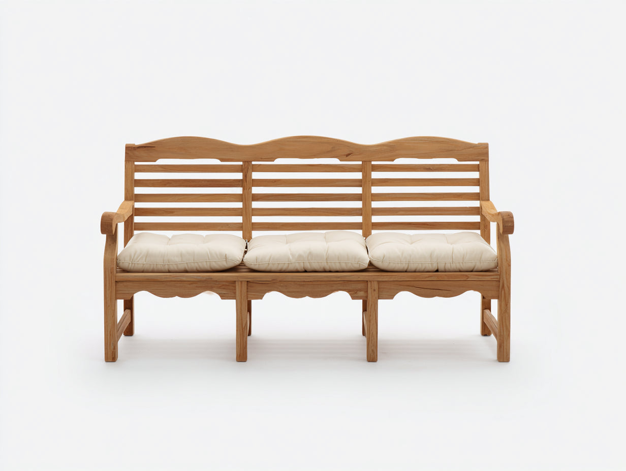 Banc de jardin - bois-textile - 170x63x91 cm - bois clair-crème - style rustique à dossier ondulé