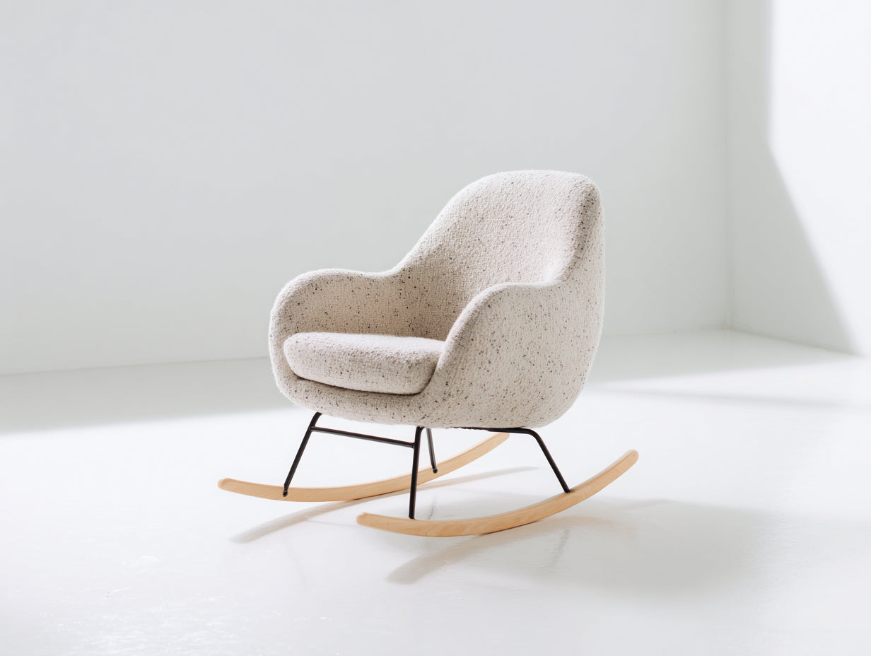 Fauteuil à bascule - tissu bouclé-métal-bois - 78 x 87 x 86 cm - beige moucheté-noir-bois clair - moderne