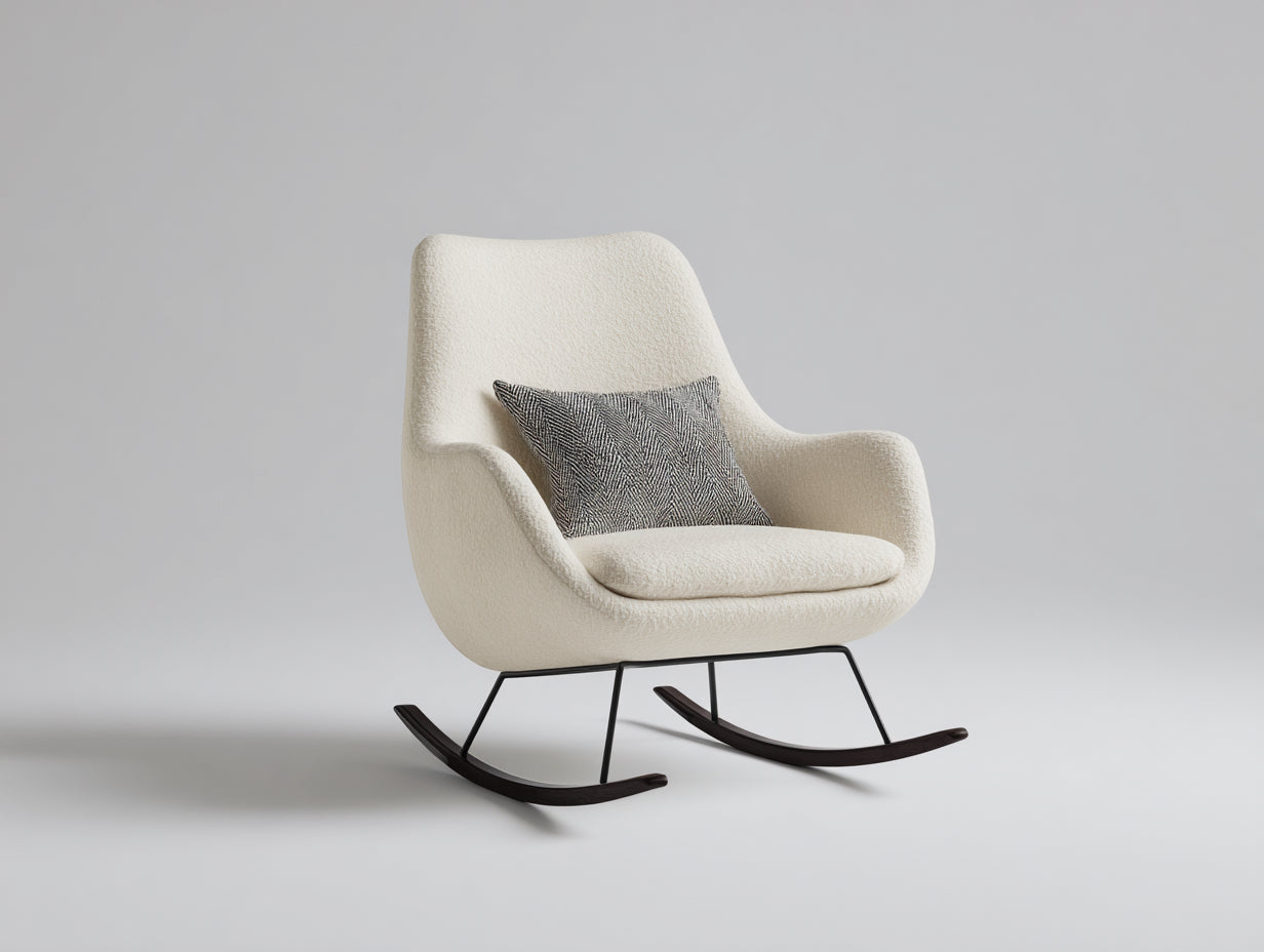 Fauteuil à bascule - tissu bouclé-métal-bois - 84 x 93 x 97 cm - écru-noir-noyer foncé - contemporain