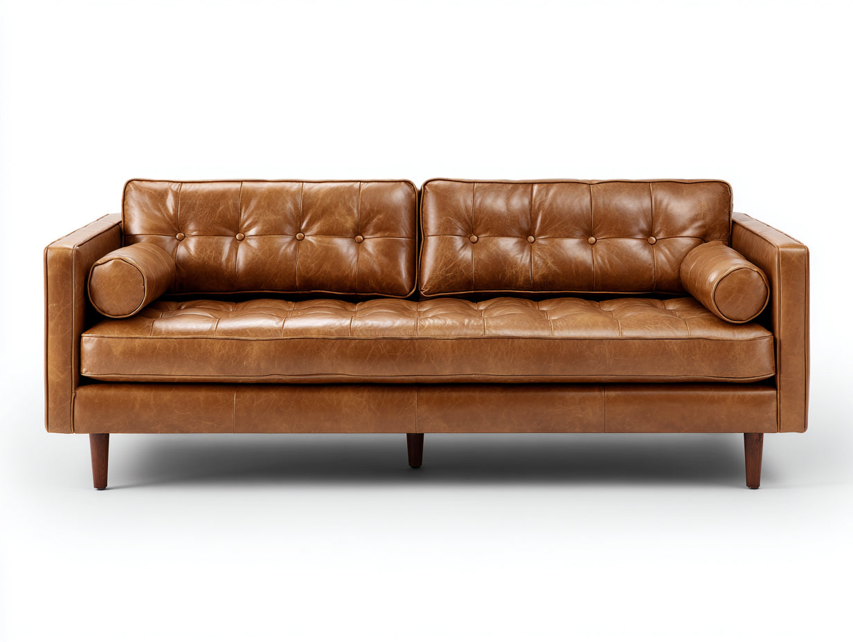 Canapé droit - Cuir synthétique-bois - 216x88x82 cm - Marron miel - Style rétro moderne